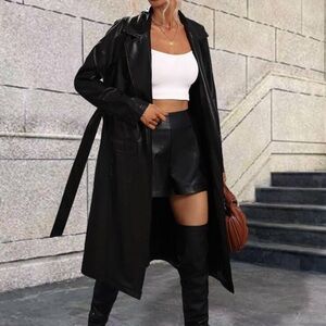 Black faux leather trench coat with belt size S
